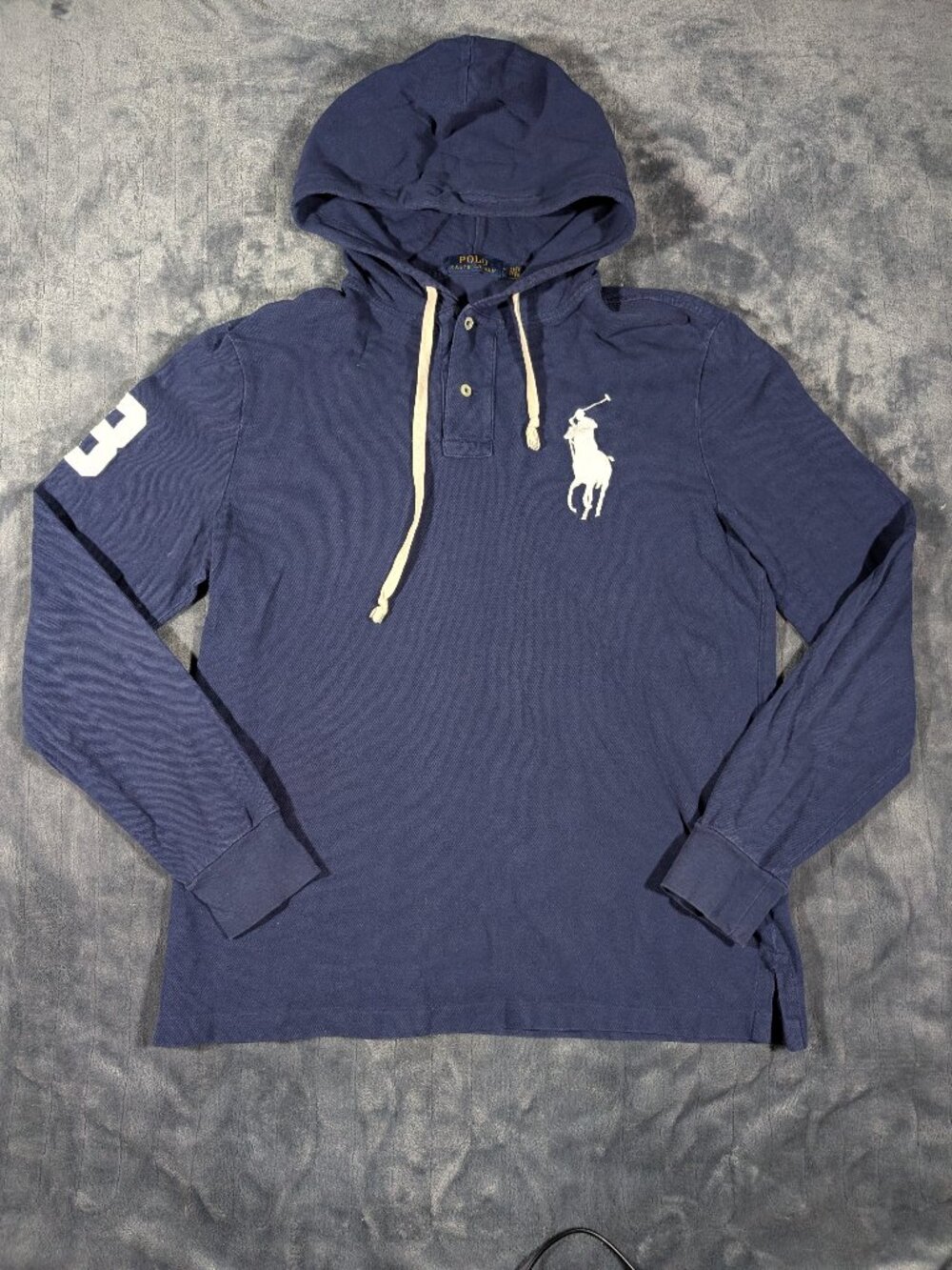 Polo Ralph Lauren Hoodie Big Pony #3 Henley Pullover Top Navy Men's Medium, 1283